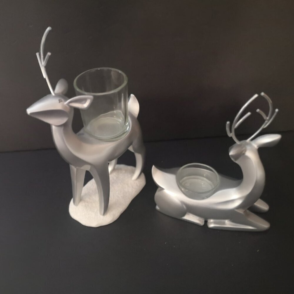 Yankee Candle Shimmering Forest Set of 2 Silver Reindeer Votive Candle Holders
